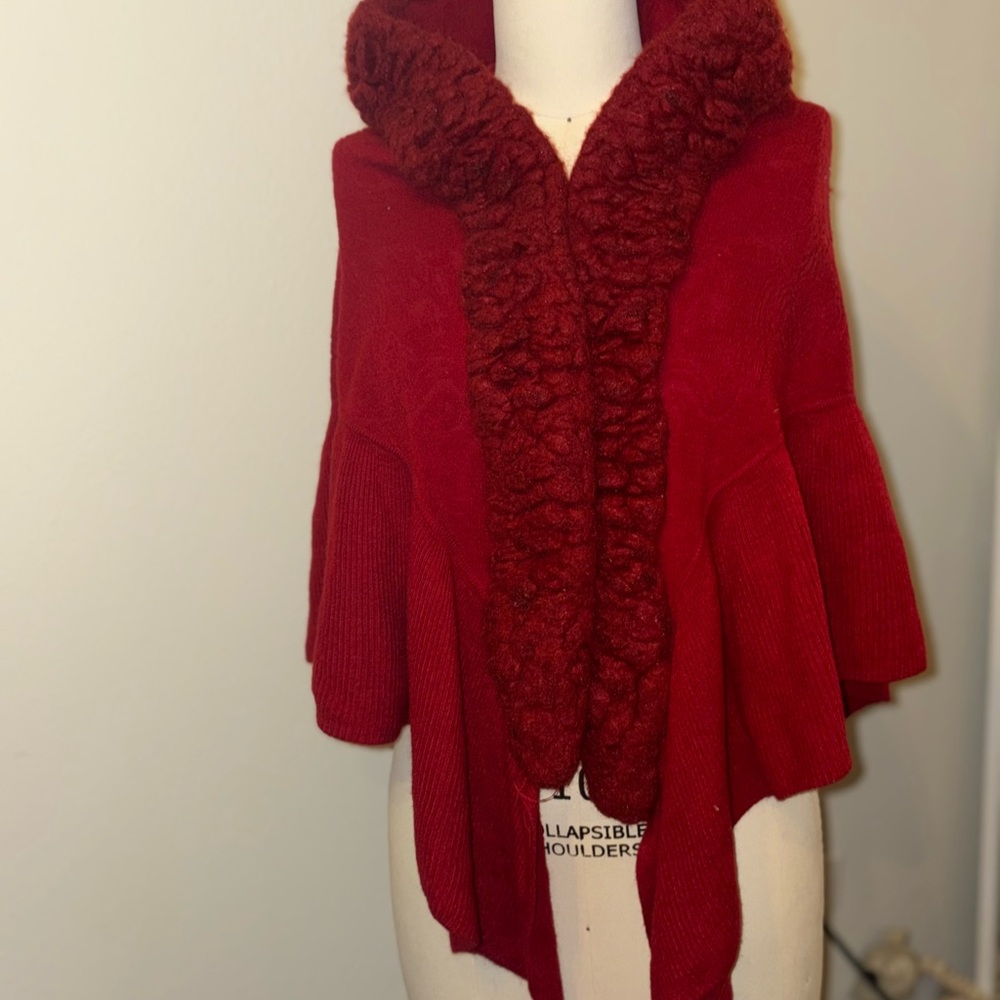 Red Shrug with Plush Collar and Open Front
